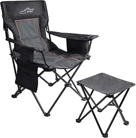 FAIR WIND Oversized Padded Camping Chair with Footrest Stool Set Heavy Duty Support 300 LBS Cooler Bag - Black, Single Pack
