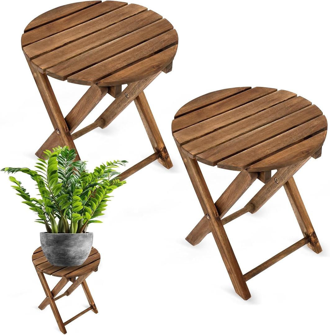 Pack of 2 Small Folding Table, Portable Acacia Wood Side Table for Patio, Porch, Balcony, Indoor Plant Stand, Walnut, 13 inches Height