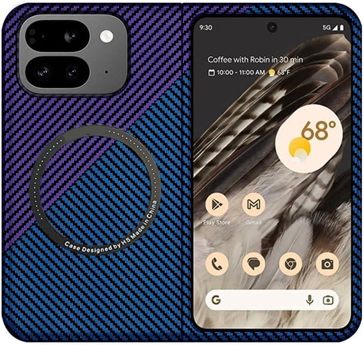 Magnetic Case for Google Pixel 10 Pro Fold, Compatible with MagSafe Carbon Fiber Slim Thin Lightweight Aramid Fiber PC Back Anti Scratch Drop Protection Rugged Shockproof Cover, Blue&Purple