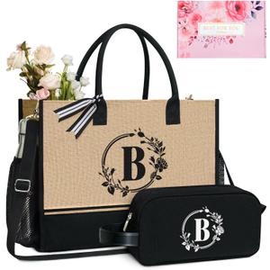 TOPDesign Personalized Initial Canvas Tote Bag, for Wedding, Birthday, Beach, Perfect Gifts for Women, Mom, Teachers, Friends (Black & Brown)