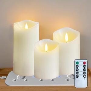 Rechargeable Flameless Candle, Flashing LED Pillar Real Wax Candle with Remote Control and Timer, Decorative Electronic Candles, 1 Set of 3 (White-Droplet, 3Pcs)