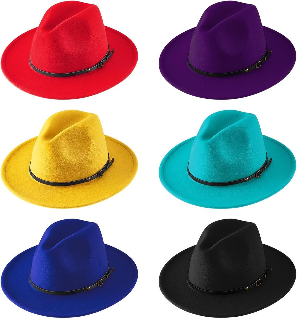 Hercicy 6 Pcs Fedora Hats for Women Men Felt Wide Brim Hats Vintage Boho Hat with Belt Buckle Panama Hat, One Size