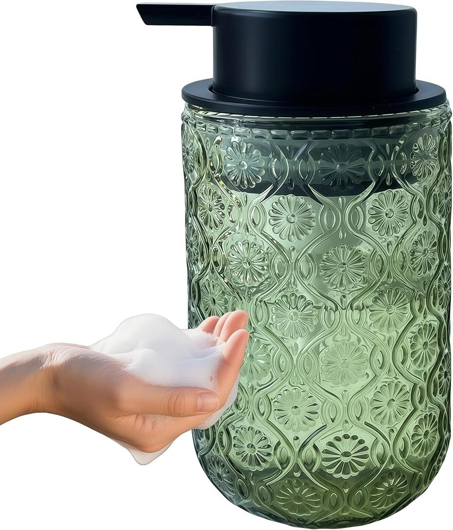 Foaming Hand Soap Dispenser,Vintage Glass Soap and Lotion Dispenser for Bathroom,Kitchen Dish Soap Dispenser with Black Foam Pump (Light Green Begonia Flower+Black Lid)