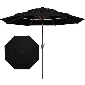 JEAREY 9FT 3 Tier Patio Umbrella Outdoor Market Umbrella Table Umbrellas with 8 Ribs 1.5 Pole Push Button Tilt and Crank UV Protection for Garden, Black