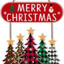 Merry Christmas Door Decorations Sign, Wooden Christmas Tree Wreaths for Front Door, Buffalo Plaid Wooden Wall Sign - Welcome Hanging Decor, Indoor & Outdoor