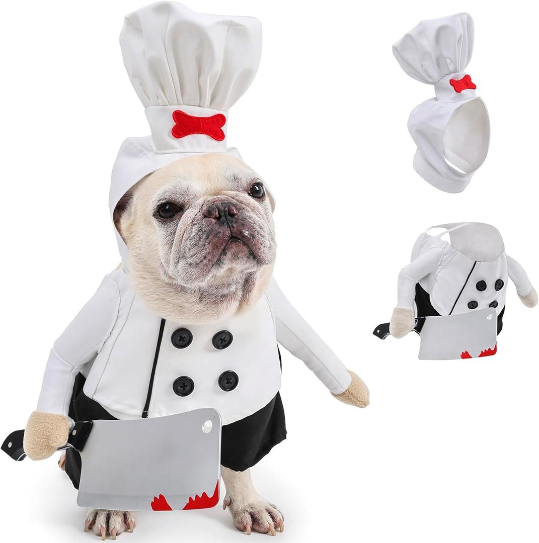 Dog Chef Costume - Halloween Scary Dog Costume with Knife and Hat, Pet Murderer Costumes Killer Cosplay Outfit with Arms, Trimmable Hook & Loop Fastener for Fitting Small Medium Large Dogs