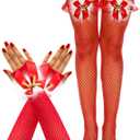 RSLOVE Women's Sexy Christmas Fishnet Thigh High Stockings and Santa Fingerless Gloves with Bell Xmas Costume Red Accessories