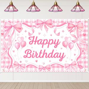 Mocsicka Pink Bow Coquette Birthday Decorations Happy Birthday Backdrop Bow Girls Bachelorette Party Decorations Photo Booth Props (Pink, 6x3.6ft)