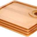BambooMN 7" x 5.9" Bamboo Cocktail Appetizer Plates with Wine Glass Holder, 4 Pieces