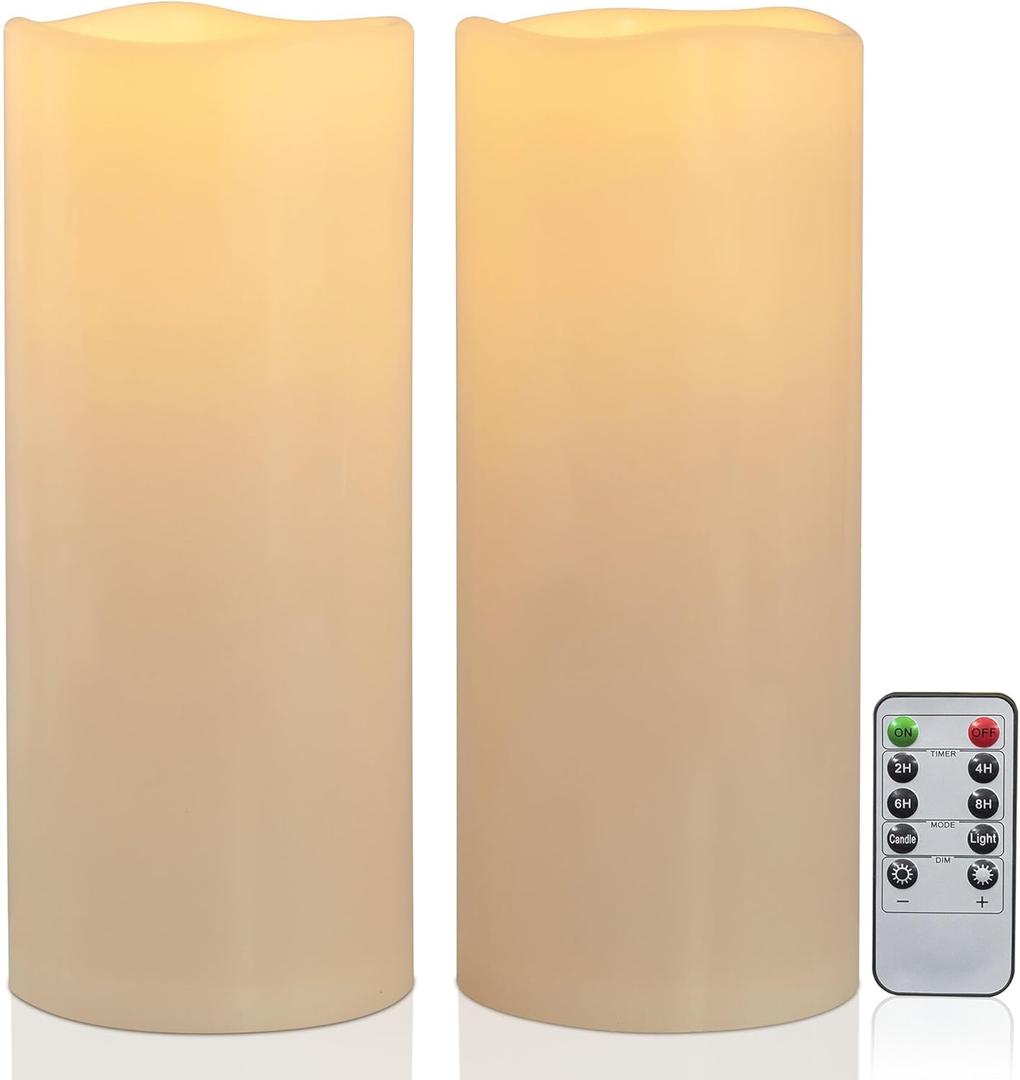 12" x 5" Waterproof Extra Large Outdoor Flameless Candles Battery Operated LED Flickering Pillar Candles with Remote for Indoor Outdoor Lanterns, Long Lasting, Ivory White Large, Set of 2