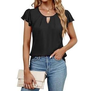 IHOT Black Tops for Women Summer Casual Crewneck Shirts Short Ruffle Sleeve Soft Basic Tees 2024 Black L
