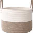 JMvicyroam 65L Extra Large Blanket Basket for Living Room - Woven Cotton Rope Laundry Hamper with Reinforced Handles - Storage Bin for Pillows, Comforters & Toys - Machine Washable,White&Brown