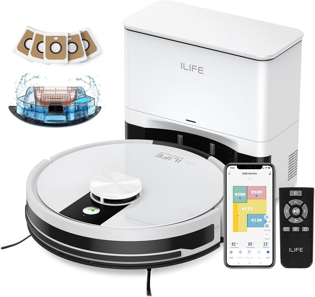 ILIFE A12 Pro Robot Vacuum and Mop Combo, Self Emptying Station for 60 Days, LiDAR Navigation, Home Mapping, No-Go Zones, 2.4G WiFi/ App/ Alexa/ Remote Control, for Hard Floors, 110V
