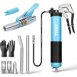 SHALL Grease Gun, 7000 PSI Heavy Duty Pistol Grip Grease Gun Kit w/Grease Gun Coupler, 18 Spring Flex Hose, Reinforced Coupler, 2 Extension Rigid Pipe, Sharp Nozzle, Fittings Cleaner | 14oz Load