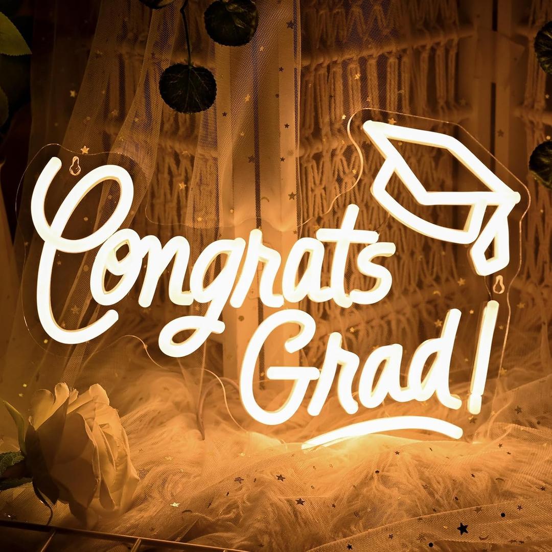 Congrats Grad Neon Sign with Graduation Cap, 16*11In Warm White Grad Light Up Led Sign for Class of 2026 Graduation Party Decorations Prom Celebration Gifts Kindergarten High School College Wall Decor, 16in x 11in