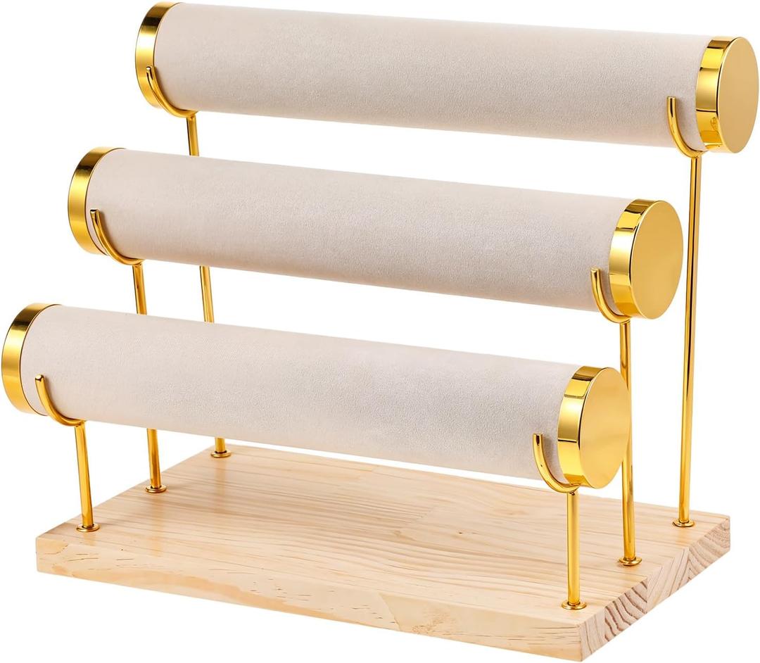 FdcZeyxior Bracelet Holder Display Stand Bangle Organizer 3 Tier Jewelry Display for Vendors, Gold Jewelry Necklaces Scrunchie Storage Rack with Wood Base