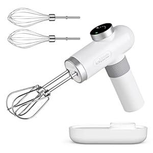 Kitchen in the box Cordless Rechargeable Hand Mixer for Kitchen, Portable Handheld Electric Mixer with Beaters, Whisks, 6-Speed Digital Display, Charging Base and USB-C Charge Cable (Pearl White)