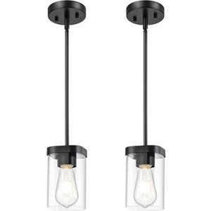 Modern Pendant Light Fixtures 2-Pack, Matte Black Pendant Lights Kitchen Island with Square Transparent Glass, Glass Pendant Light for Dining Room, Bedroom, Living Room, Farmhouse