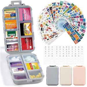 3 Pack 14 Grids Travel Pill Organizer Box with 415-Pcs Medicine Name Labels - Pocket Daily Pharmacy Case Container Kit - Travel Medication Holder Dispenser for Fish Oil Vitamin Supplement Storage (Khaki+pink+grey)
