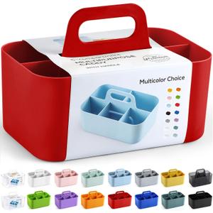 Multiuse Caddy Organizer with Handle - Stackable Plastic Tote Bin - Art Craft Supplies, Office, Desk, Stationery Pen Holder, Kitchen, Utensil, Makeup, Bathroom, Shower, Cleaning, Dorm Organizer - Red