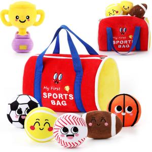 HyDren 7 Pcs My First Sports Bag Plush Toys Playset, Bulit-in Bell Sports Balls and Trophy for Kids Throwing Toys Gift for Boys Girls Early Education