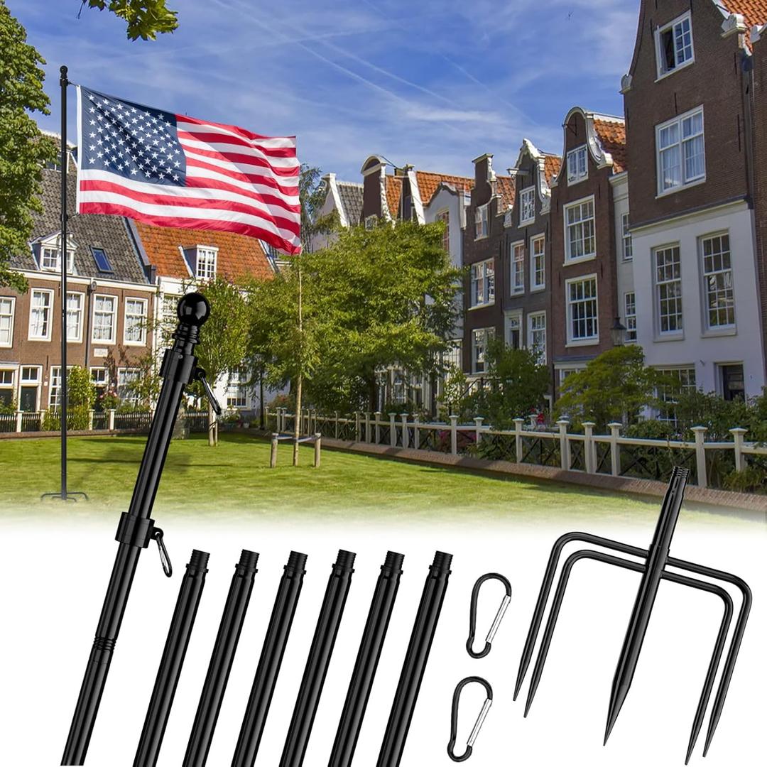 9 FT Tangle Free Flag Pole in Ground, Thickened Stainless Steel with 5 Prongs Base, Heavy Duty Flag Pole Holder, Flagpole Kit for Residential or Commercial (1 Pack, Black, Without Flag)