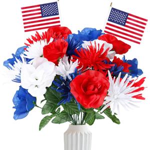 Sggvecsy 30 Pcs Patriotic Artificial Flowers Memorial Bouquet Fake Red White and Blue Cemetery Flowers with American Flags for Grave 4th of July Memorial Day Independence Day Veterans Home Decoration