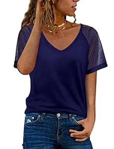 WEESO Casual T Shirts for Women V Neck Mesh Short Sleeve Summer Tops Loose Fit Dressy (XL) Navy Blue 