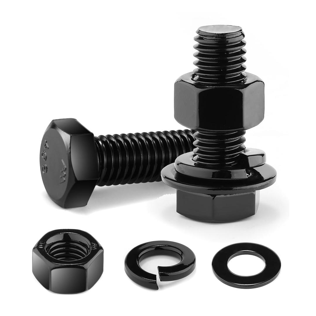 1/4-20 x 1-1/2" Hex Head Screw Bolt, Nuts, Flat & Lock Washers, 20Pcs 18-8 (304) Stainless Steel, Fully Threaded, Black Oxide by SG TZH