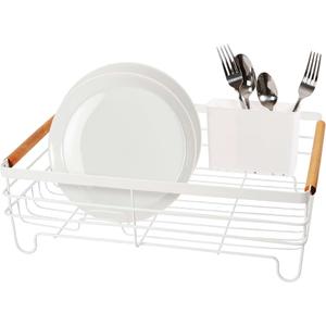 Oggi Large Dish Drying Rack - White & Bamboo Dish Drying Rack, Drying Rack Kitchen, Dish Rack, Dish Racks for Kitchen Counter, Durable Coated Metal Kitchen Drying Rack with Cutlery Holder