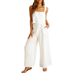 ANRABESS Women's 2 Piece Outfits Linen Pants Jumpsuit Matching Lounge Set Casual Summer Beach Vacation Trendy Clothes (White) S