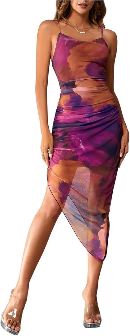 SOLY HUX Women's Tie Dye Cowl Neck Split Hem Bodycon Cami Dress Backless Long Dresses (Medium)