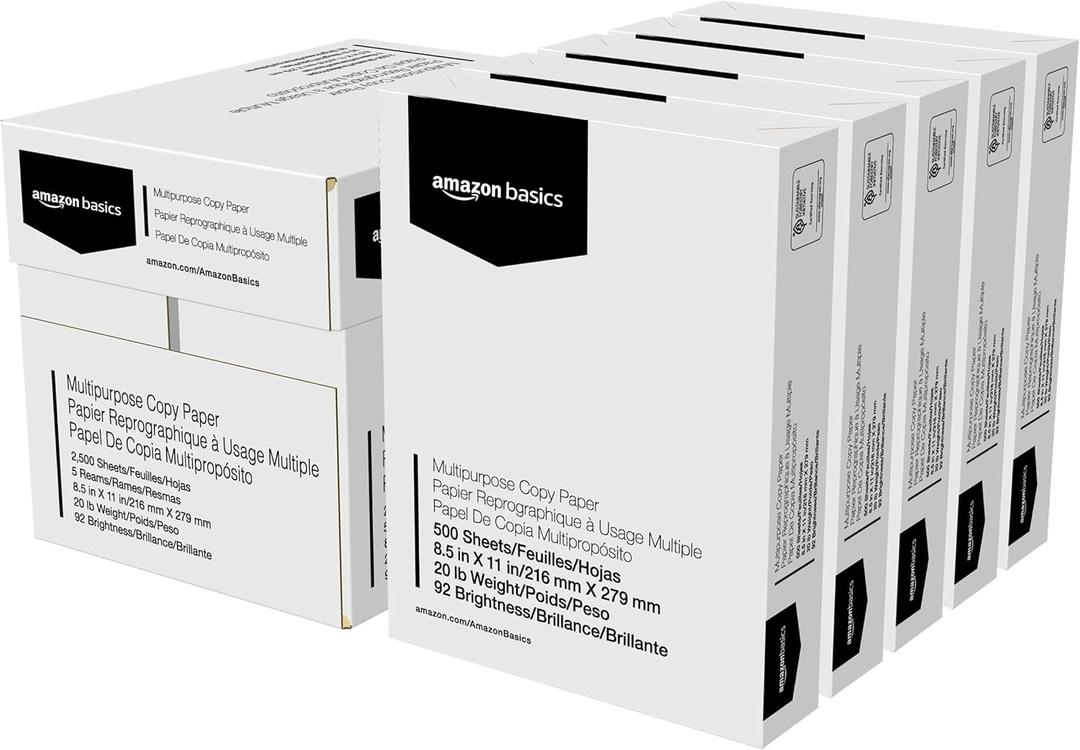 Amazon Basics Multipurpose Copy Printer Paper, 20 lb, 8.5 x 11 Inches, 5 Reams (2,500 Sheets), 92 Bright White