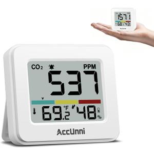 CO2 Monitor Air Quality Monitor Indoor Battery Powered, Carbon Dioxide Detector, Portable Temperature Humidity Meter, CO2 Alarm for Home, Hotel, Cars, Office or School (White)