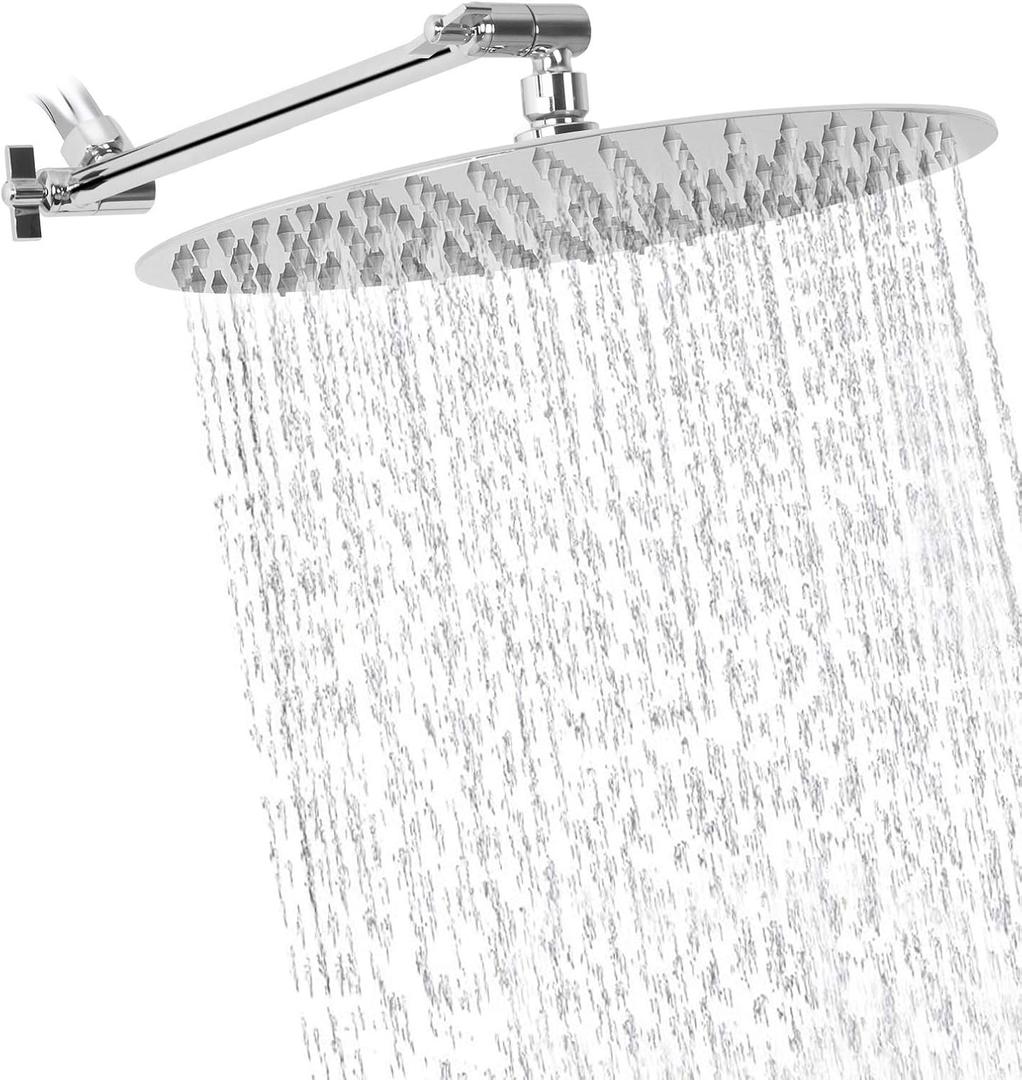 NearMoon Rain Shower Head with 11'' Adjustable Arm, High Pressure Stainless Steel Rainfall Shower, Ultra-Thin Design - Pressure Boosting (12 Inch, Chrome)