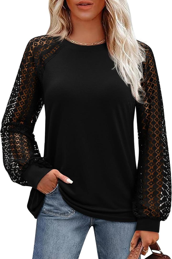 Uhiger Women's Long Sleeve Tops Fashion Cute Lace Blouses Business Casual Crew Neck Shirts 2026 Trendy Work Outfits (Large, Black)