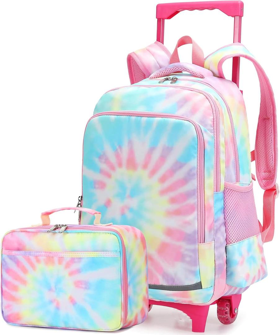 CAMTOP 18 Inch Rolling Backpack With Matching Lunch Bag Set Girls Boys Roller Bag on Wheels Kids School Bookbags Wheeled (Tie Dye Pink)