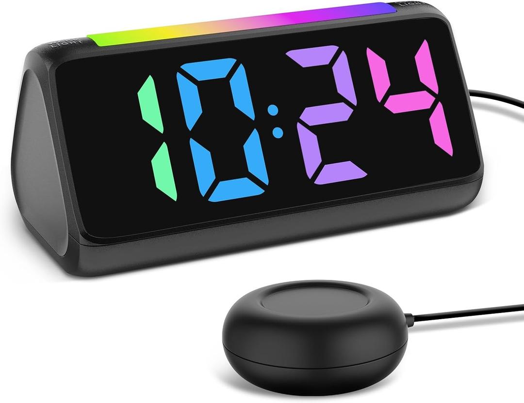 Netzu Alarm Clocks for Bedrooms Heavy Sleepers, Vibrating Alarm Clock with Bed Shaker, Night Light, RGB Display, Dimmer, Snooze for Hearing Impaired People (Black)
