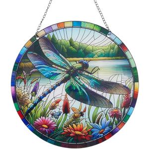 CREATCABIN Stained Windows Hanging Suncatcher Retro Dragonfly Hanging Ornament Round Acrylic Panel Sun Catcher with Iron Chain and Jump Rings Summer Home Decor Gift for Family Friends 7.9x7.9 Inch