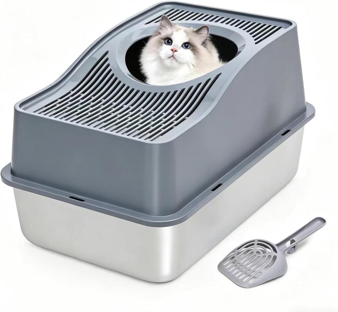 Top Entry Cat Litter Box with Lid, Stainless Steel Enclosed Cat Kitty Litterbox, Top Loading Large Metal High Side Litter Pan Tray Box Enclosure Easy Cleaning Anti-Leakage