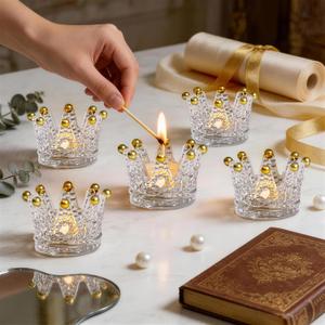Rubtlamp 6 Pack Clear Gold Crown Glass Candle Holder, Clear Votive Candle Holders with Gold Tips, Tealight Candles Holders for Table Centerpieces, Wedding, Birthday