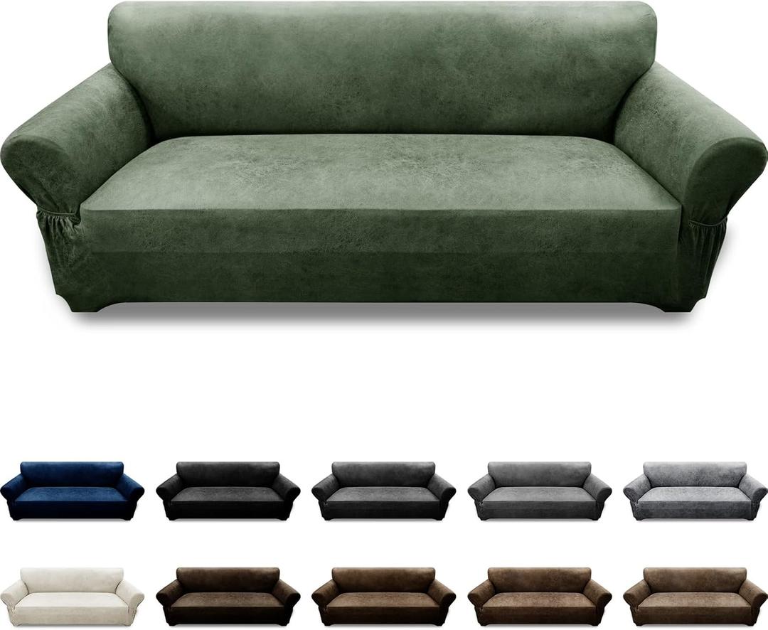 Couch Cover Leather Look 3 Seater Couch Sofa Cover 1-Piece Sofa Slipcover Stretch Furniture Protector with Elastic Bottom & Pockets(Sofa, Army Green)