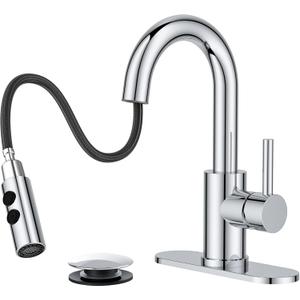 FORIOUS Chrome Bathroom Faucet with Pull Down Sprayer, Single Hole Bar Sink Faucet 1 Hole with Pop Up Drain Hose, Suitable for Bathroom, RV,Vanity, Restroom & Utility Sink