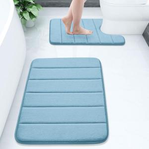 Buganda Bathroom Mat Set, 2 Piece Memory Foam Bath Mat and U-Shaped Toilet Rug, Machine Wash Dry, Soft Non Slip Absorbent Bath Rug for Bathroom, Shower and Tub (24" x 16"+24" x 20", Blue)