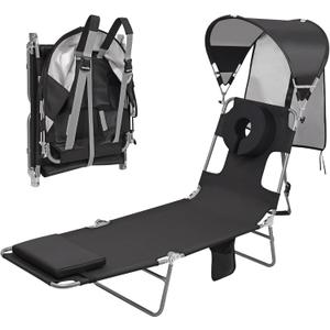 Backpack Beach Tanning Lounge Chair with Canopy Shade Face Hole Padded Adjustable Washable, 6 Position Layout Chair for Outside Sunbathing Poolside Lawn, UPF 50+ Wind-Resistant Sun Shade, Patented