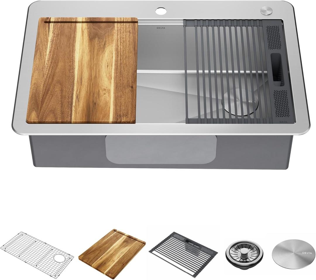 DELTA FAUCET 95A932-33S-SS Lorelai Workstation Kitchen Sink Drop-in Top Mount Stainless Steel Single Bowl with WorkFlow Ledge and Chefs Kit of 5 Accessories