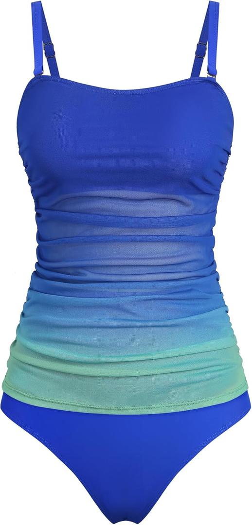 ZAFUL Womens Tankini Bathing Suit Two Piece Swimsuit Sheer Mesh Swim Dresses Tummy Control Lace Swimwear Small