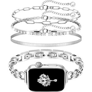 Slim Silver Band and 3Pc Bracelet Set Women Feminine Elegant Compatible with Apple Watch 42mm 44mm 45mm 46mm 49mm Adjustable Metal Strap Dressy Chain for iWatch Series 10/9/8/7/6/5/4/3/2/1/SE/Ultra1 2