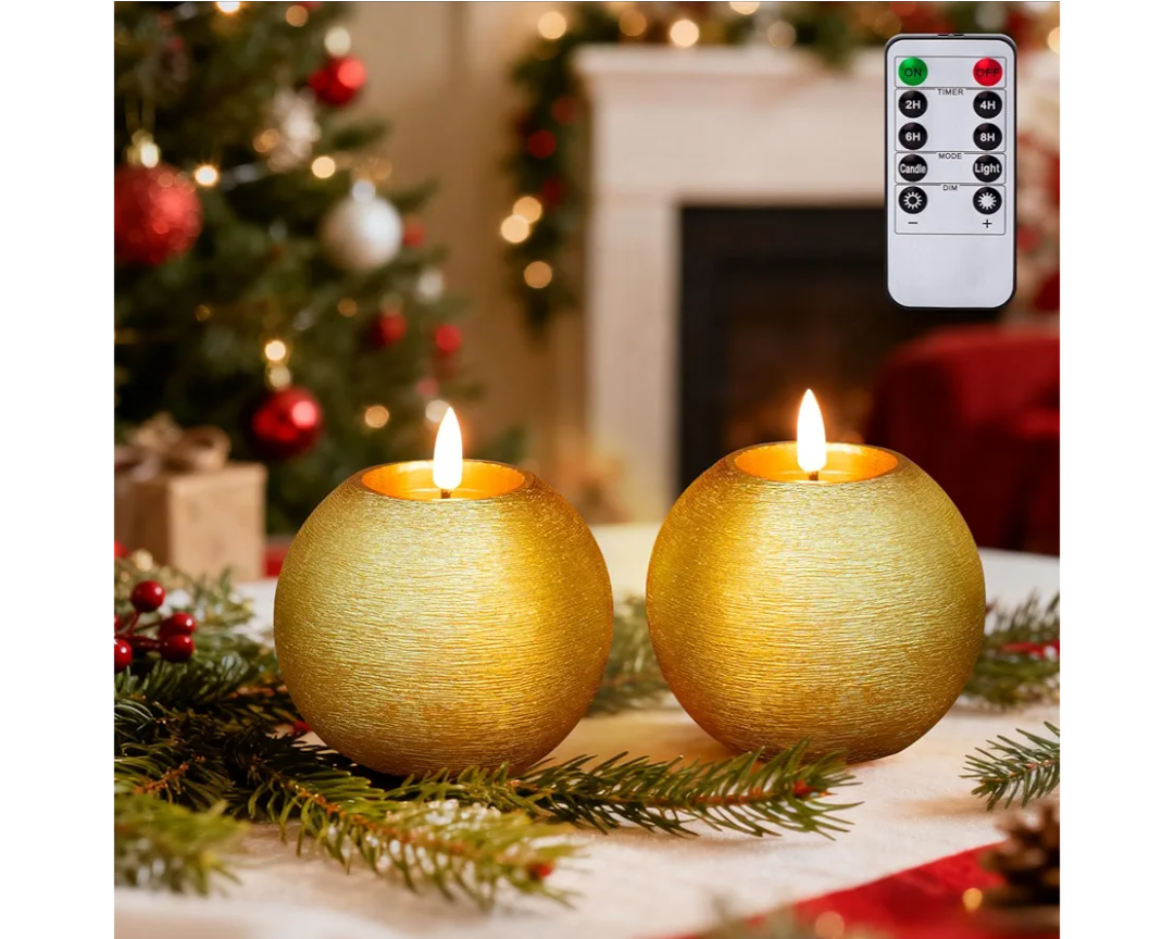 Gold Glitter Battery Operated Round Candles with Timer, Flickering Real Wax LED Flameless Ball Candles for Christmas Party Home Decor Table Centerpieces, Set of 2 (4 Inch)