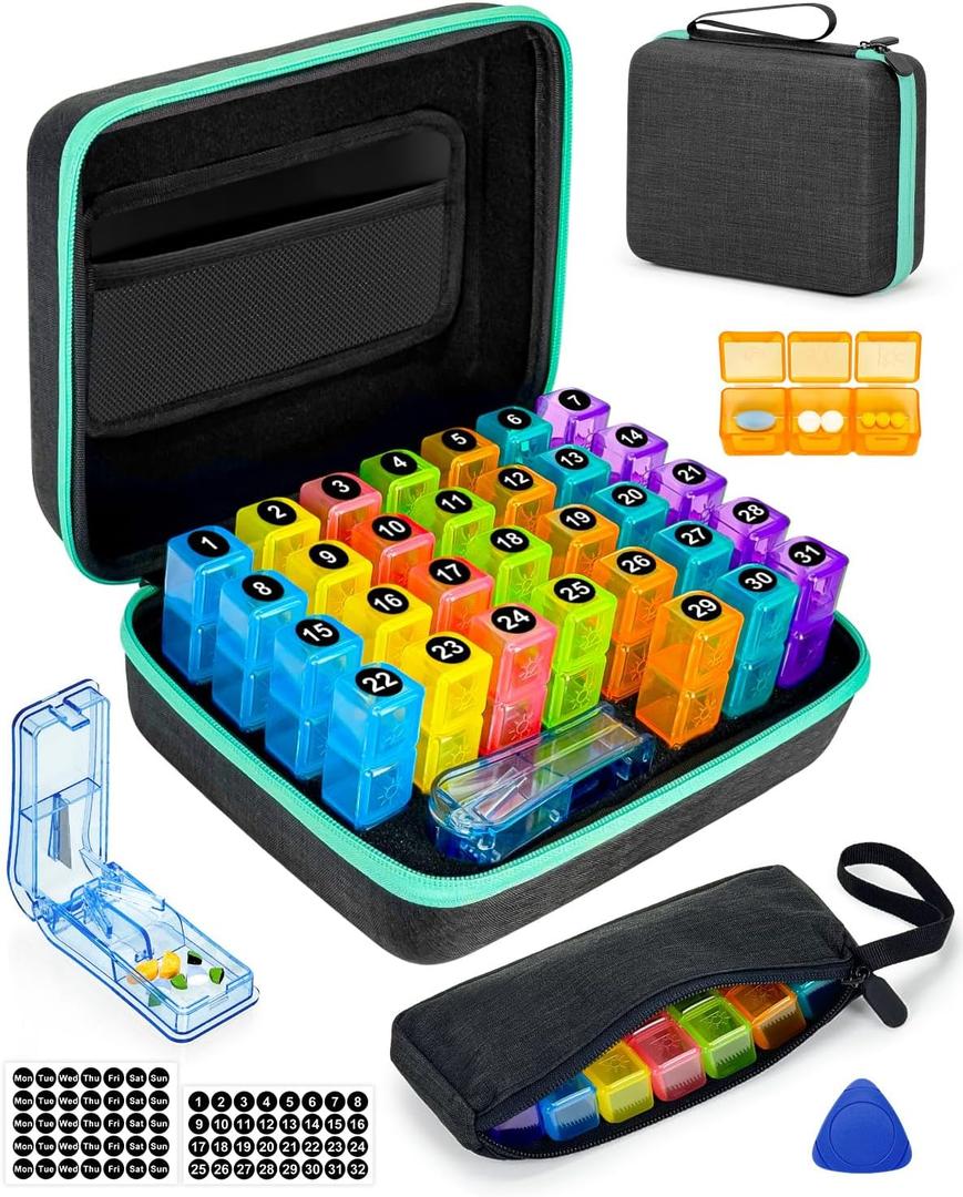 Monthly Pill Organizer 3 Times a Day, with Portable Hard Shell, Pill Cutter, 31-Day Box, Plastic Opening Pick, Monthly & Weekly Stickers, Convenient Medication Management (Green, 3 Times a Day)